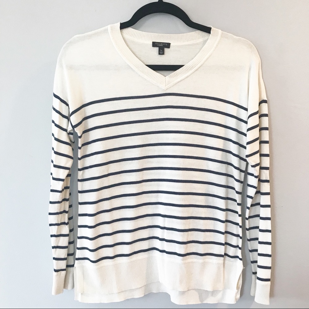 Talbots Petite White and Blue Striped Sweater-SP
